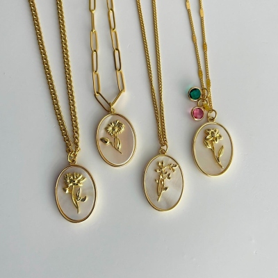 Personalized Birth Flower Mother of Pearl Necklace with Birthstone, Dainty 3D Filled Embossed Floral Pendant, Birthday Gift for Mom/Bridesmaids/Her