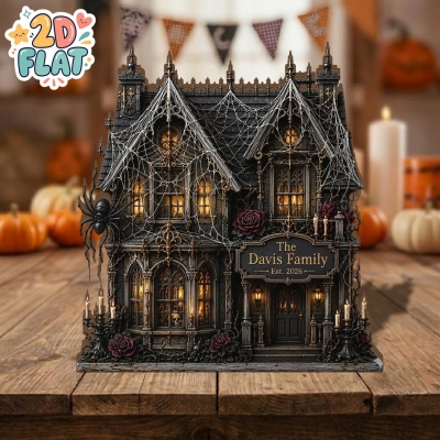 Custom Haunted House Wooden Block with Family Name, Halloween Indoor Home Decor, Gothic Tabletop Ornament, Creative Gift for Family/Gothic Lovers