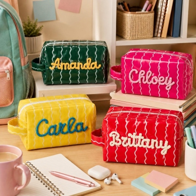 Custom Name Yarn Colorful Striped Pencil Pouch, PVC Waterproof Zipper Stationery Bag with Handle, Daily Storage, Back to School Gift for Students/Kids