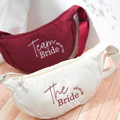 Personalized Embroidered Bride Team Crescent Crossbody Bag, Soft Sling Fanny Zipper Pouch, Wedding Bride Shower Organizer, Gift for Bridesmaids/Ladies
