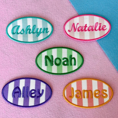 Parche bordado personalizado con nombre, etiqueta ovalada a rayas para planchar o coser, accesorio decorativo, regalo de cumpleaños o de regreso a clases para niños y adolescentes.
