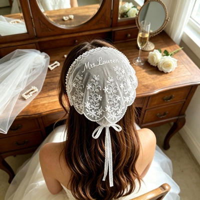 Personalized Lace Bridal Headscarf with Name, Floral Vintage Wedding Head Cover, Bachelorette Party Accessory, Keepsake Gift for Brides/Friends/Her