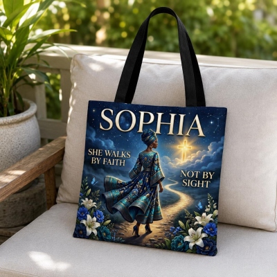 Sac fourre-tout chrétien personnalisé en toile avec nom, sac à bandoulière religieux inspiré par la foi, souvenir de baptême, cadeau inspirant pour elle/femmes/amies
