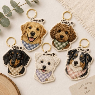 Personalized Pet Photo Keychain with Name, Embroidered Dog Memorial Bag Charm, Key Tag Accessory, Birthday Gift for Pet Lovers/Dog Owners/Friends