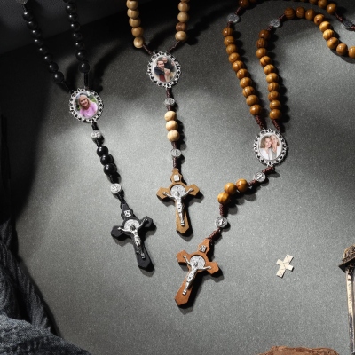 Custom Photo Rosary Necklace with Wooden Beads, Medal Jesus Jewelry with Crucifix, Religious Memorial Keepsake, Baptism Gift for Christians/Him/Her