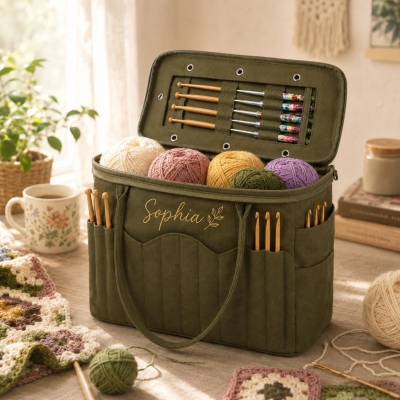 Personalisierte Häkeltasche mit Geburtsblumenstickerei und Namen, geräumige Aufbewahrungstasche für Strickgarn, Geburtstagsgeschenk für Strickbegeisterte/Bastler/Frauen