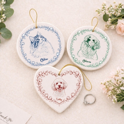 Personalized Pet Photo Ceramic Ornament with Name, Dog/Cat Toile de Jouy Memorial Keepsake, Pet Loss Hanging Decor, Gift for Pet Owners/Friends/Her