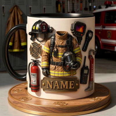 Personalized Firefighter Ceramic Mug with Name, 11oz/15oz 3D‑Effect Fireman Gear Print Coffee Cup, Birthday/Appreciation Gift for Firefighter/Men/Him