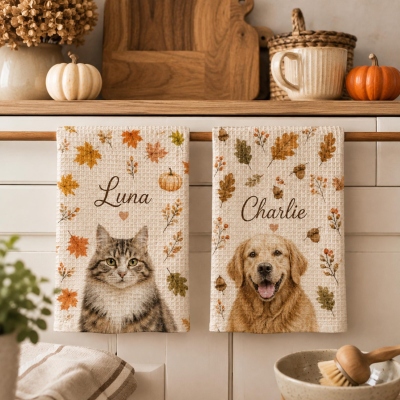 Personalized Photo Kitchen Towel with Name, Dog/Cat Waffle Weave Dish Towel, Autumn Leaves Home Decoration, Birthday Gift for Pet Lovers/Boys/Girls