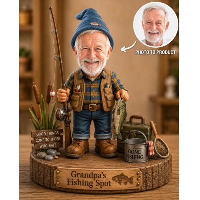 Personalized Photo Fisherman Grandpa Figurine with Name, Wooden Base Fishing Statue, Tabletop Home Decor, Keepsake Gift for Fishing Lovers/Grandpa/Dad