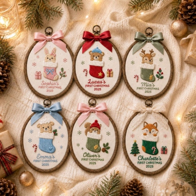 Personalized Embroidered Baby Animal Ornament with Name, Oval Baby First Christmas Keepsake, Tree Hanging Decor, Holiday Gift for Newborn/Kids/Her