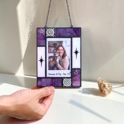 Personalized Photo Stained Glass Suncatcher Frame, Hanging Window Picture Ornament, Small Display Holder, Housewarming Gift for Family/Friends/Women