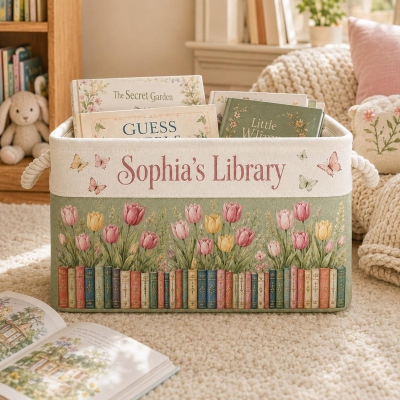 Personalized Birth Flower Book Storage Basket with Name, Nursery Book Organizer with Handles, Large Capacity Cube Bin, Gift for Girls/Kids/Friends