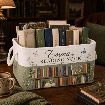 Personalized Reading Nook Storage Basket with Name, Bookish Fabric Storage Bin with Handles, Home Decor Organizer, Gift for Book Lovers/Friends/Her