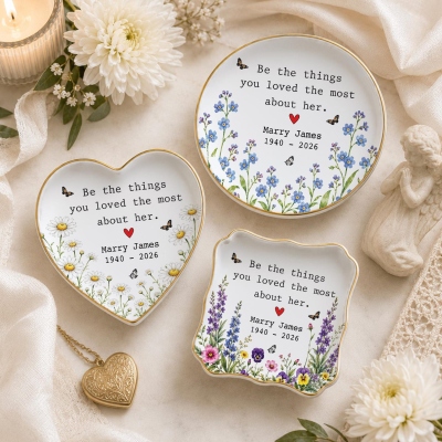 Personalized Memorial Ring Dish with Name, Flower Butterfly Ceramic Trinket Tray, Keepsake Bereavement Jewelry Holder, Gift for Family/Friends/Her