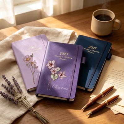Personalized Birth Flower 2027 Planner Notebook with Name, PU Leather A5 Calendar Journal with Elastic Band, Birthday Gift for Women/Teachers/Friends