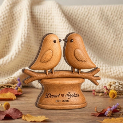 Personalized Love Birds Wooden Block with Name & Year, Romantic Tabletop Decor, Wood Bird Keepsake, Anniversary/Wedding Gift for Couple/Friends/Her
