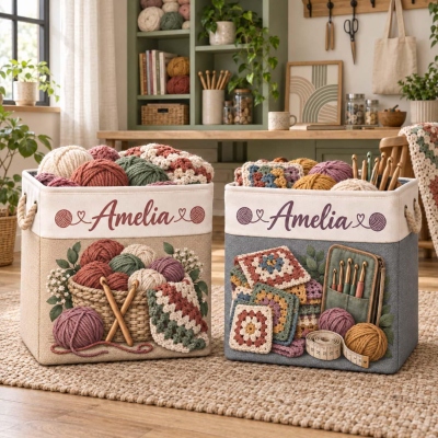 Custom Crochet Yarn Storage Basket with Name, Knitting Organizer Bin with Rope Handles, Home Accessory, Birthday Gift for Crochet Lovers/Family/Her