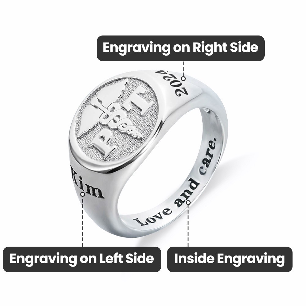 Custom Medical Symbol RN LPN Caduceus Signet Ring with Engraved Text, Sterling Silver 925 Jewelry, Graduation Gift for Nurse Doctor Medical Staff
