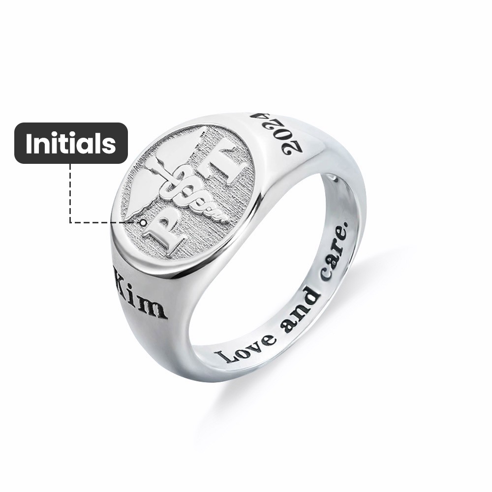 Custom Medical Symbol RN LPN Caduceus Signet Ring with Engraved Text, Sterling Silver 925 Jewelry, Graduation Gift for Nurse Doctor Medical Staff