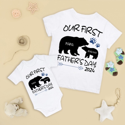 Custom Name Father and Baby Matching Set, Our First Father's Day Together 2024 Shirt, 100% Cotton Shirt, Father's Day Gift for Baby New Dad
