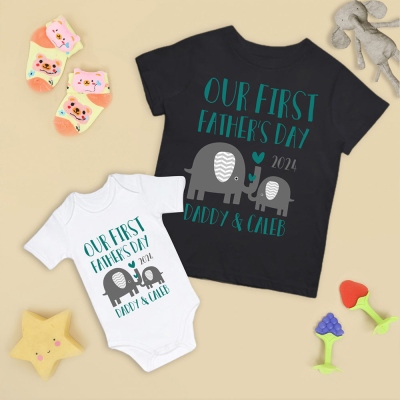 Custom Name Father and Baby Matching Set, Our First Father's Day Together 2024 Shirt, 100% Cotton Shirt, Father's Day Gift for Baby New Dad