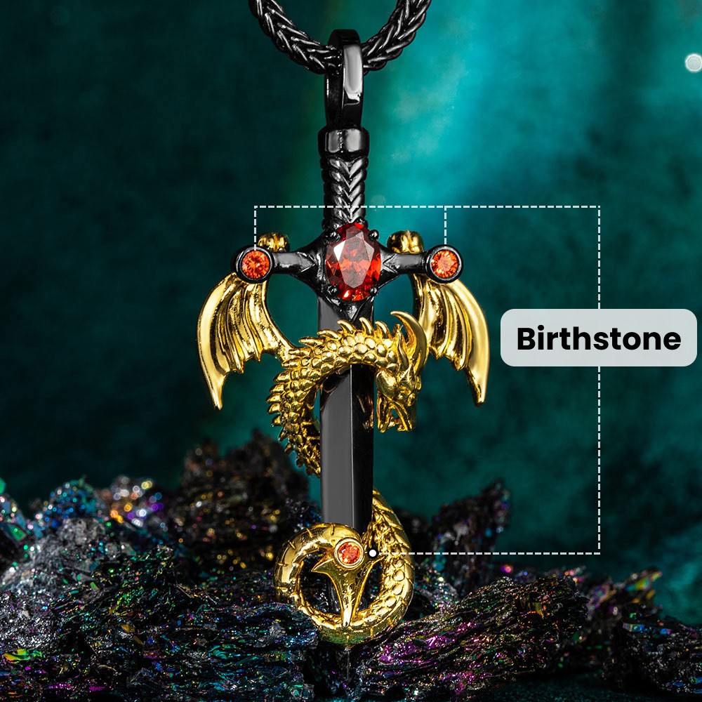 Custom Wing Dragon Wrapped Sword Necklace with Birthstone Cross Pendant, Gothic Jewellery, Gift for Rock Punk Lovers