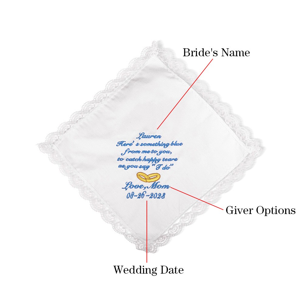 Personalized Cotton Embroidered Wedding Lace Handkerchief with Name and Date, Something Blue, Wedding Gift from Mom to Daughter