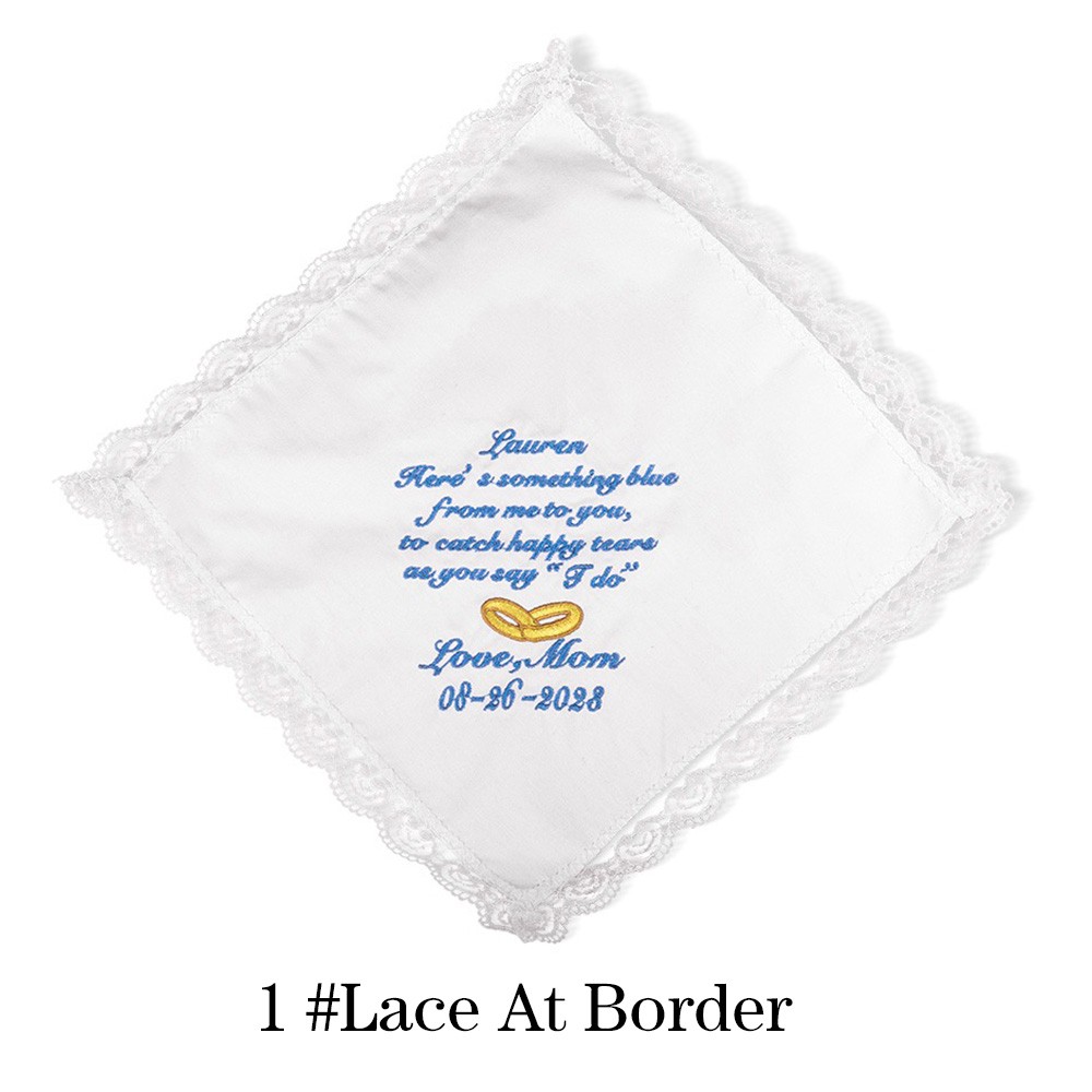 Personalized Cotton Embroidered Wedding Lace Handkerchief with Name and Date, Something Blue, Wedding Gift from Mom to Daughter