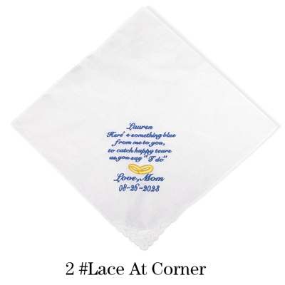 Personalized Cotton Embroidered Wedding Lace Handkerchief with Name and Date, Something Blue, Wedding Gift from Mom to Daughter