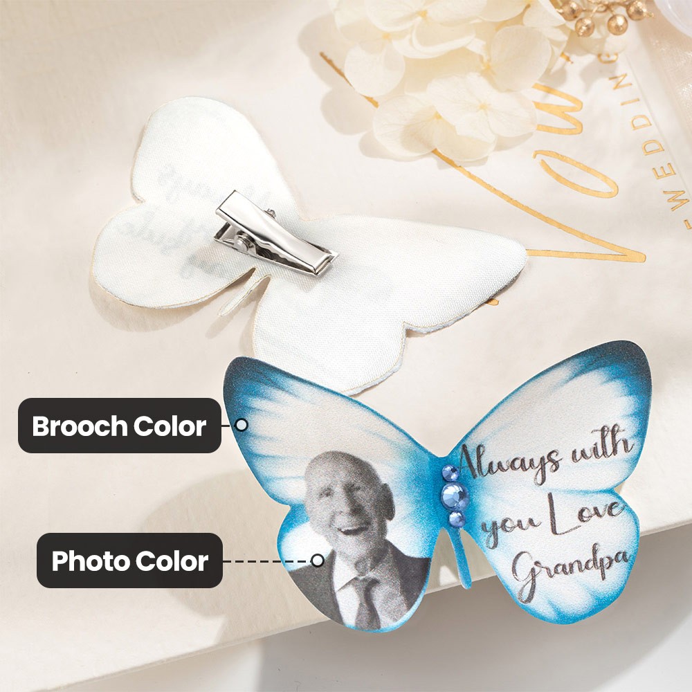 Broche papillon en soie avec photo de nom personnalisée avec cristal, charme de bouquet de mariage, souvenir de mariage, cadeau pour la mariée