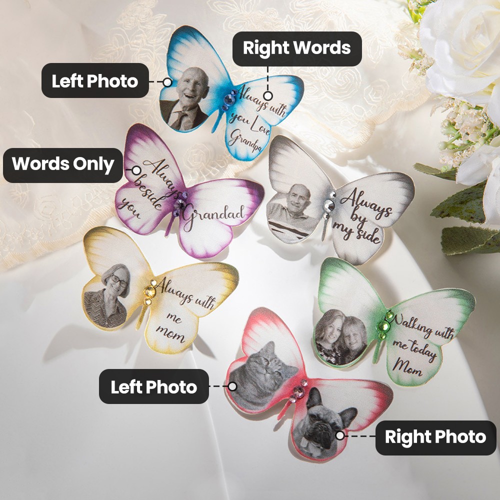 Broche papillon en soie avec photo de nom personnalisée avec cristal, charme de bouquet de mariage, souvenir de mariage, cadeau pour la mariée