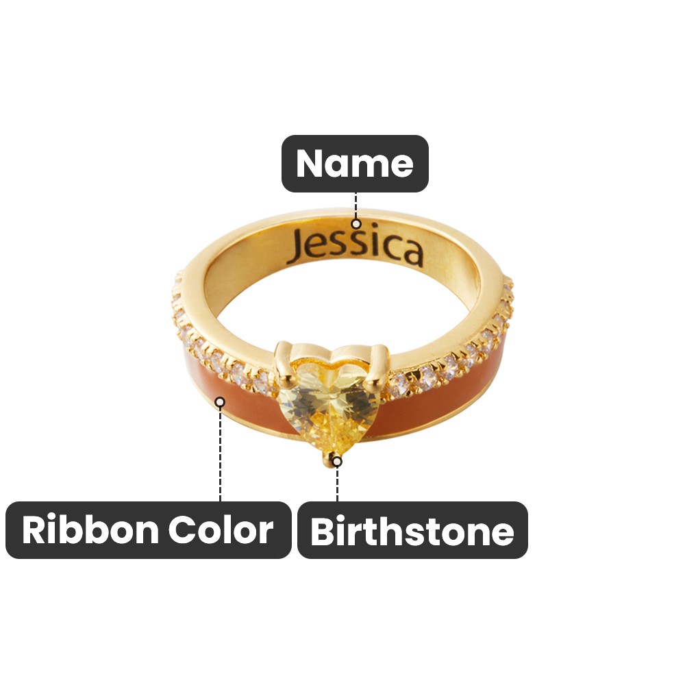 Custom I Wear Pink for Myself Heart Birthstone Ribbon Ring with Engraved Name and Affirmation Card, Cancer Awareness Survivor Ring Gifts for Women