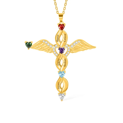 Personalized Cross Necklace with Angel Wings, Custom Heart Birthstone & Name Necklace, Christian Jewelry, Birthday/Mother's Day Gift for Mom/Her