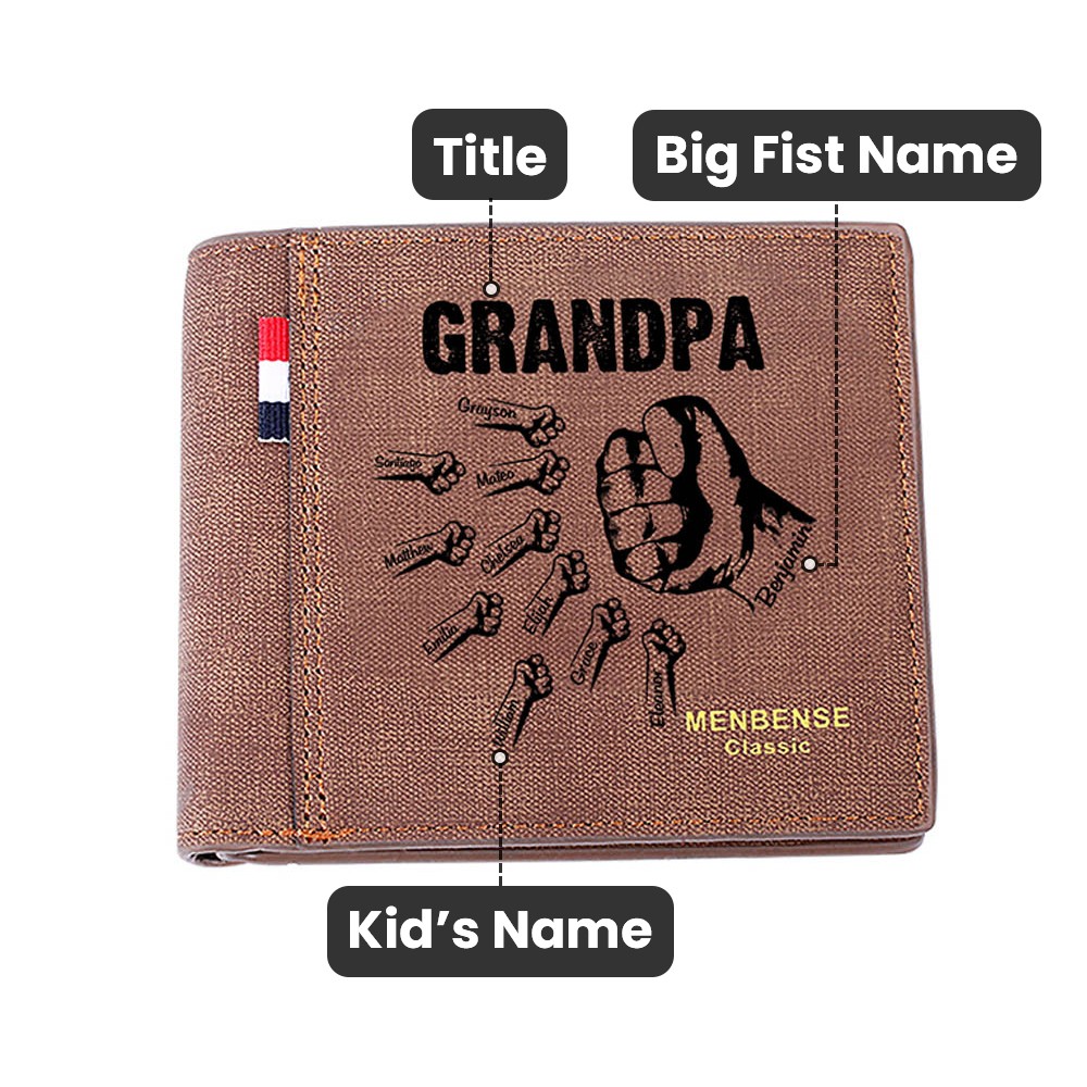 Personalized 1-12 Fist Bump Leather Wallet with Name, Custom Family Card Holder for Men, Father's Day/Birthday Gift for Dad/Grandpa/Husband