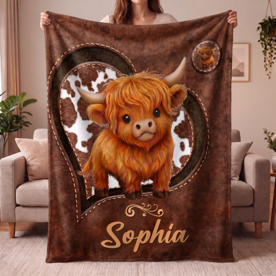 Personalized Heart Highland Cow Blanket with Name, Flannel/Sherpa Bed Couch Throw, Home Decor, Birthday Gift for Her/Mom/Family/Highland Cow Lovers