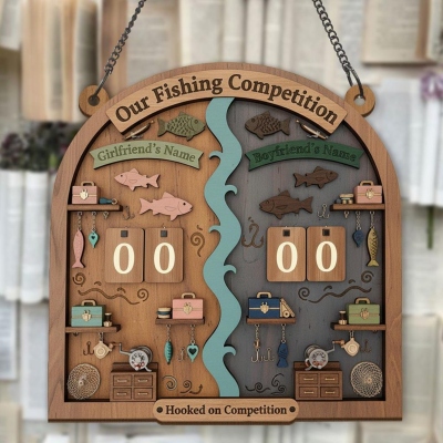 Personalized Fishing Competition Tracker with Names, Wooden Couples Fishing Scoreboard, Rustic Lake Cabin Decor, Birthday Gift for Fisherman/Couple