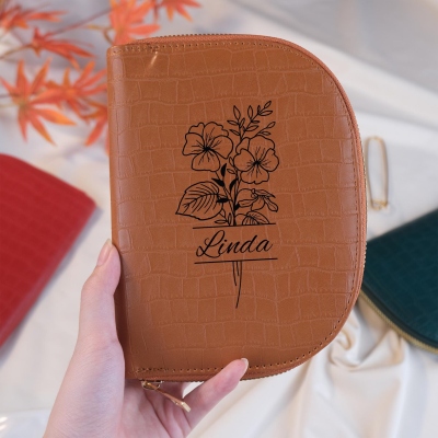 Gepersonaliseerde leren naaldenhouder met geboortebloem en naam, vintage naai- en haaknaaldetui met ritssluiting, reisorganizer voor knutselspullen, cadeau voor breiers