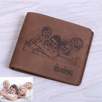Men's Engraved Photo Nubuck Leather Short Wallet