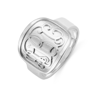 Fancy Script Men's Engraved Monogram Silver Ring