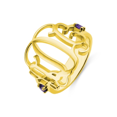 Birthstone Women's Monogram Ring 18k Gold Plated