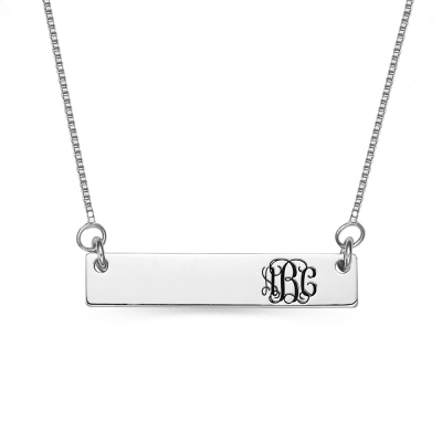 Engraved Monogram Initial Bar Necklace Sterling Silver