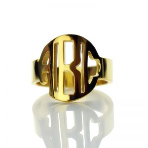 Personalized Circle Block Monogram 3 Initials Ring Solid Gold