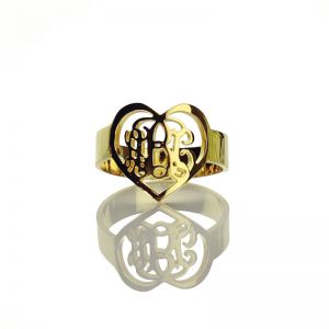 Handmade Heart Shape 3 Initials Monogram Ring Gold Plated -0.59"