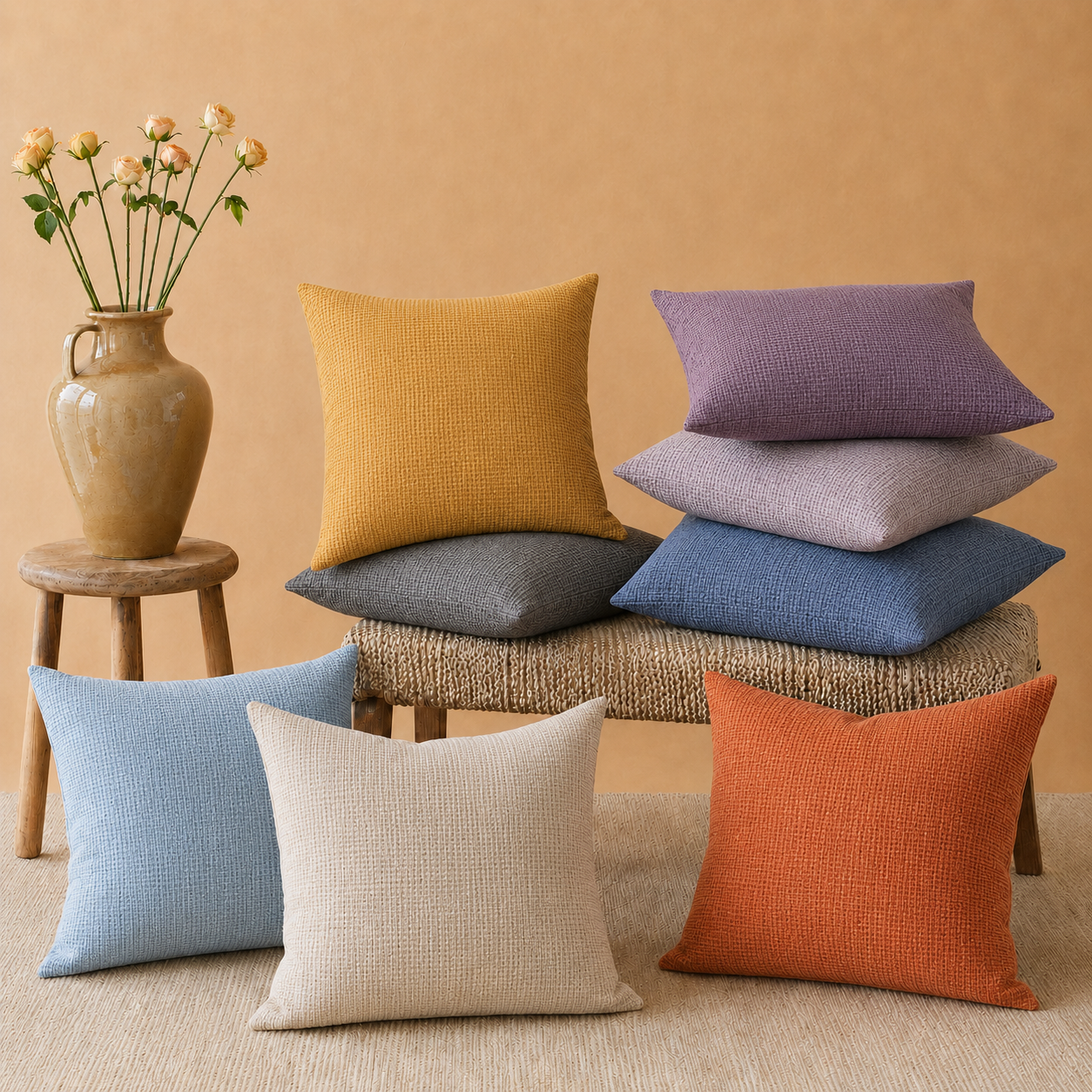 Coussin ALMORA Personnalisable, Tissu Texturé Effet Lin, Coussin Uni au Style Naturel