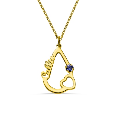 Personalized Heart & Birthstone Water Drop Necklace in Gold