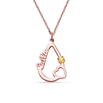 Personalized Heart & Birthstone Water Drop Necklace in Rose Gold