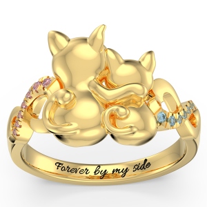 Personalized Couple Cats Ring with Birthstone in Gold