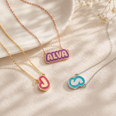 Personalized Bubble Initial & Name Necklace, Minimalist Engraved Charm Pendant, Dainty Enamel Letter Jewelry, Gift for Women/Girls/Best Friend