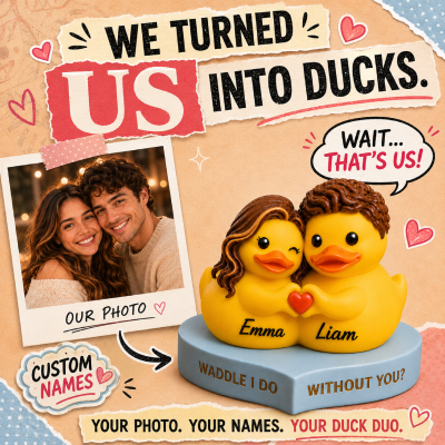 Personalized Couple‑Photo Rubber Duck with Custom Names, Cute Keepsake Figurine, Anniversary & Valentine’s Day Gift for Friends